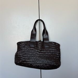Brown Real Leather Woven Tote Bag